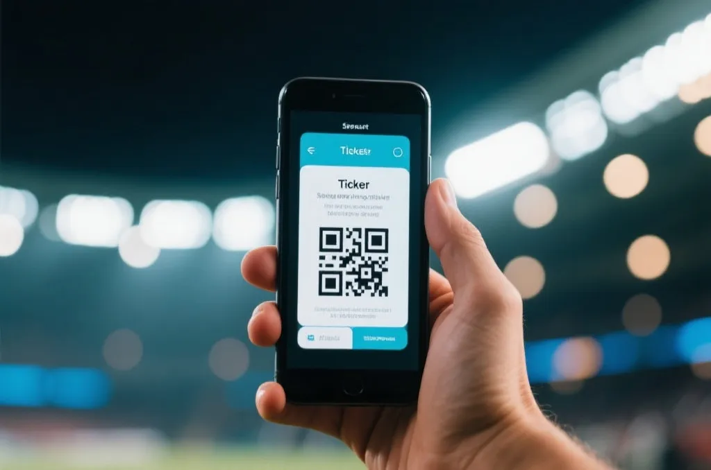A close-up of a hand holding a modern smartphone displaying a secure digital ticket with a generic QR code, bright stadium lights blurred in the background, editorial style